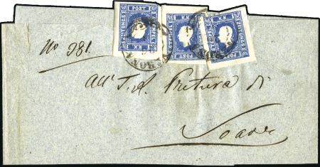 Stamp of Austria » 1858-59 Newspaper Stamp 1858 1,05Kr dark blue (3) tied to complete newspap