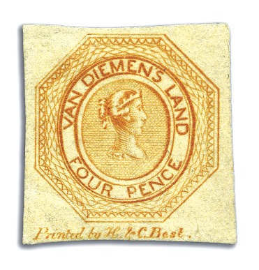 Stamp of Australia » Tasmania 1853 Orange unused, pl.2, pos.24 with complete "Pr