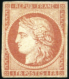 Stamp of France 1849 1F vermillon avec marges intactes tout autour