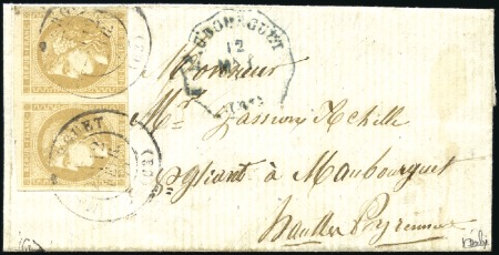 Stamp of France 1870 10c Bordeaux en paire, bien margé, obl. à l'a