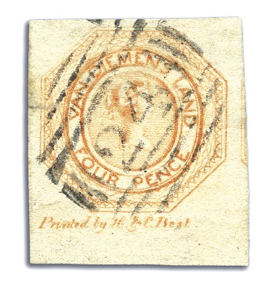 Stamp of Australia » Tasmania 1853 4d Yellowish Orange plate 2, worn impression,