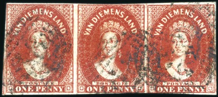 Stamp of Australia » Tasmania 1855 Chalon 1d carmine used strip of three, one st