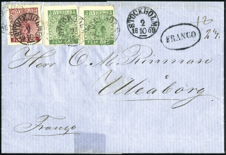Stamp of Sweden » 1858-72 Coat of Arms Issue 50ö violet-carmine and two 5ö dark green tied by S
