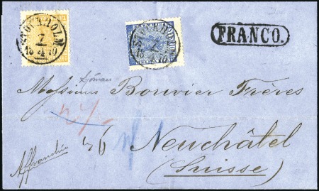 Stamp of Sweden » 1858-72 Coat of Arms Issue 24ö orange and 12ö blue tied by STOCKHOLM 7/4 1870