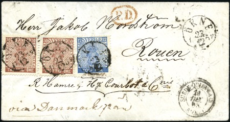 Stamp of Sweden » 1858-72 Coat of Arms Issue 30ö red-brown & 12ö blue tied by ÖKNE 23/12 1858 o