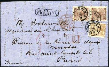 Stamp of Sweden » 1858-72 Coat of Arms Issue 30ö red-brown in pair & Lion 3ö brown tied by STOC