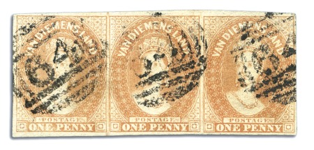 Stamp of Australia » Tasmania 1856-57 1d Pale Brick Red used strip of three, fin