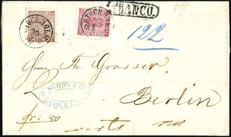 Stamp of Sweden » 1858-72 Coat of Arms Issue 50ö carmine-rose & 30ö brown tied by STOCKHOLM 20/