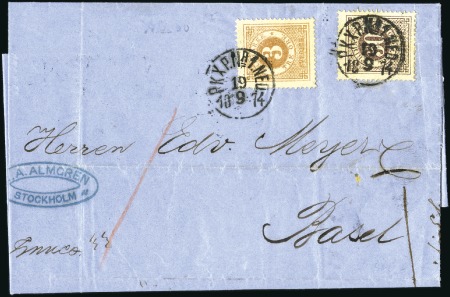 Stamp of Sweden » 1872-78 Ring Types 30ö brown and 3ö orange-brown tied by PkXP 19/9 18