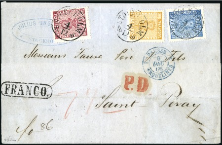 Stamp of Sweden » 1858-72 Coat of Arms Issue 50ö carmine-rose, 24ö orange & 12ö blue tied by ST