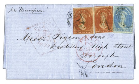 Stamp of Australia » Tasmania 1857 (Jul 13) Entire from Launceston to London wit