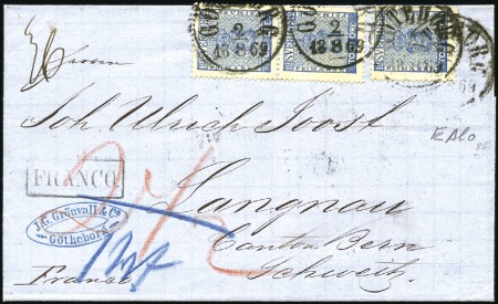 Stamp of Sweden » 1858-72 Coat of Arms Issue 12ö blue (3) tied by GÖTEBORG 2/8 1869 cds on fol
