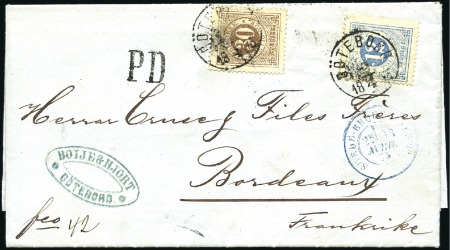 Stamp of Sweden » 1872-78 Ring Types 30ö brown (crease) + 12ö blue tied by GÖTEBORG 9/4
