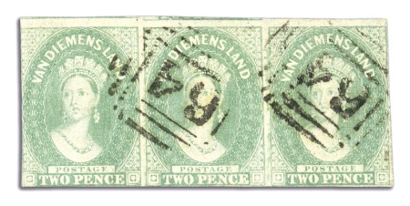 Stamp of Australia » Tasmania 1856-57 2d Dull Emerald-Green used strip of three,