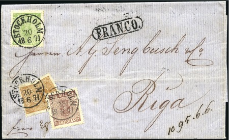 Stamp of Sweden » 1858-72 Coat of Arms Issue 30ö brown + 5ö green & Lion-type 3ö (applied in tw