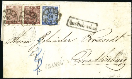 Stamp of Sweden » 1858-72 Coat of Arms Issue 30ö brown (2) and 12ö blue tied by LUND 16/1 1864