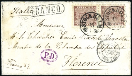 Stamp of Sweden » 1858-72 Coat of Arms Issue 30ö brown and three 9ö violett (on reverse) tied b