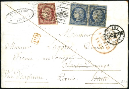 Stamp of France 1849 1F carmin et paire du 25c bleu, oblitération
