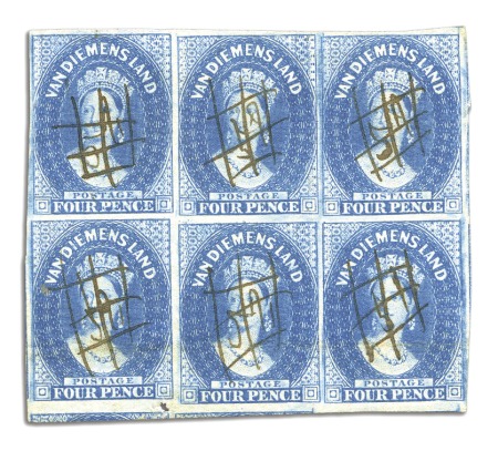 Stamp of Australia » Tasmania 1856-57 4d Blue used block of six, fine to huge ma