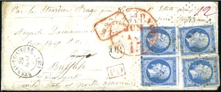 Stamp of France 1860 Empire ND 20c bleu (x4), obl. PC 373 sur enve