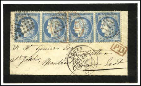 Stamp of France 1871 25c bleu, bande de quatre, obl. GC 3219 sur p