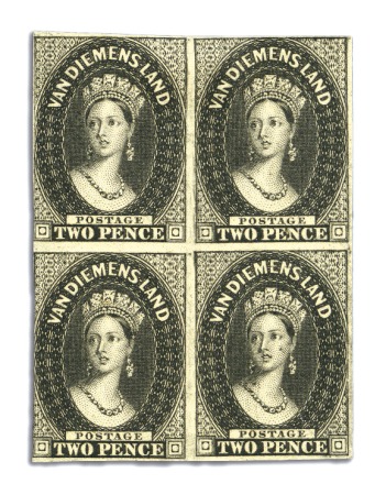 Stamp of Australia » Tasmania 1855 2d Plate proof in black in block of four, tou