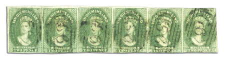 Stamp of Australia » Tasmania 1857-67 2d Green used strip of six, wmk inverted, 