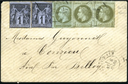 Stamp of France 1888 Env. de Pont d'Ain 08.03.88 avec Sage 1c (x2)