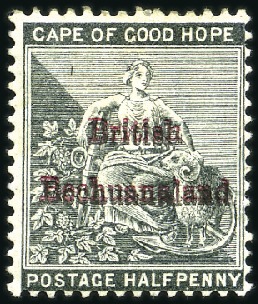 Stamp of Bechuanaland » British Bechuanaland 1885 1/2d slate with double ovpt in lake and black