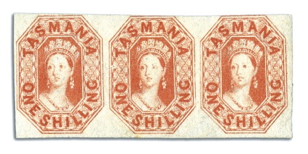 Stamp of Australia » Tasmania 1858 1s Vermilion mint og strip of three, two stam