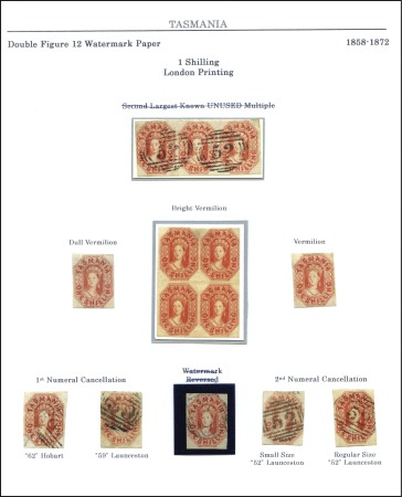 Stamp of Australia » Tasmania 1858 Chalon 1s vermilion selection incl. unused ve