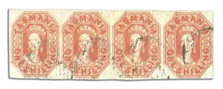 Stamp of Australia » Tasmania 1858 1s Bright Vermilion used strip of four, fine 