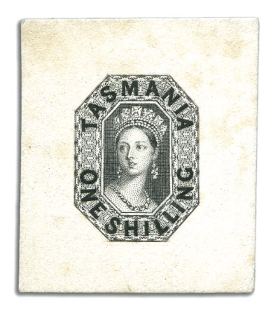 Stamp of Australia » Tasmania 1858 1s Die proof in black on India affixed on car