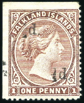 Stamp of Falkland Islands 1891 1/2d on half of 1d red-brown (N°8), upper lef