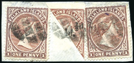 Stamp of Falkland Islands 1885 1d brownish claret, bisect and two singles sh