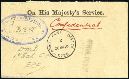 Stamp of Egypt 1919 OHMS envelope with blue GENERAL HOSPITAL cach