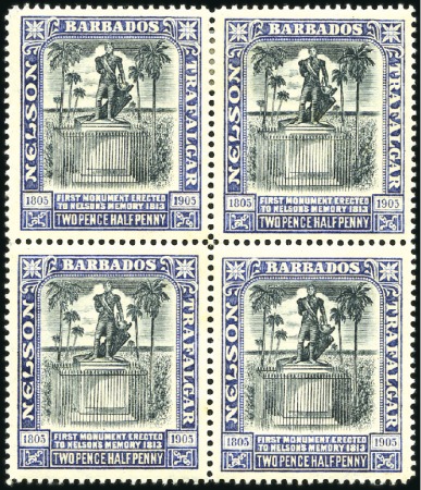 Stamp of Barbados 1907 2 1/2d black and INDIGO, mint og BLOCK OF FOU