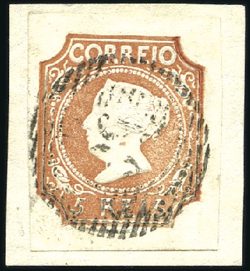 Stamp of Portugal 1853 5r red-brown (worn die) imperf, large margins
