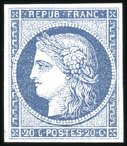 Stamp of France 1849 20c bleu sur azuré, non-émis avec recto-verso