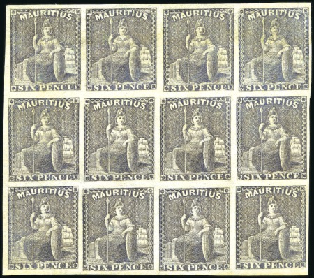 Stamp of Mauritius 1859-61 6d Dull Purple-Slate in unused block of 12