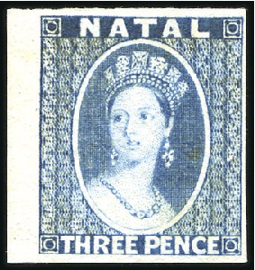 Stamp of South Africa » Natal 3d Chalon imperforate plate proof in blue on ungum