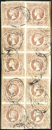 Stamp of Australia » New South Wales 1854-59 1s Pale Red in used vertical block of 10 t