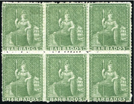 Stamp of Barbados 1861-70 (1/2d) Green mint og block of 6, fine and