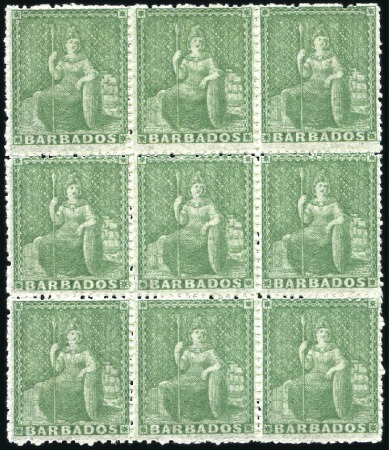 Stamp of Barbados 1861-70 (1/2d) Green mint og block of 9, fine and
