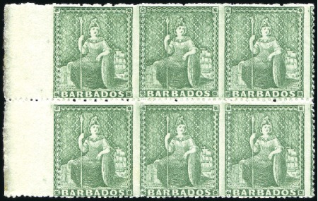 Stamp of Barbados 1861-70 (1/2d) Blue-Green mint og left marginal bl