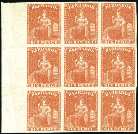 Stamp of Barbados 1873 6d Orange-Vermilion imperforate variety unuse