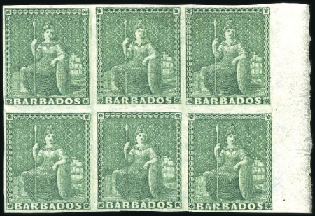 Stamp of Barbados 1852-55 (1/2d) Deep Green right marginal mint og b