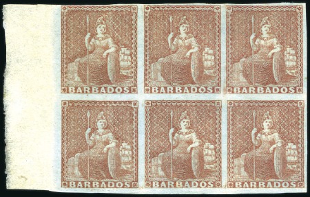 Stamp of Barbados 1852-55 (4d) Brownish Red left marginal unused blo