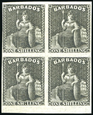 Stamp of Barbados 1858 1s Black lower marginal unused block of four,