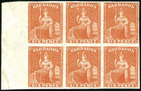 Stamp of Barbados 1873 6d Orange-Vermilion imperforate variety unuse